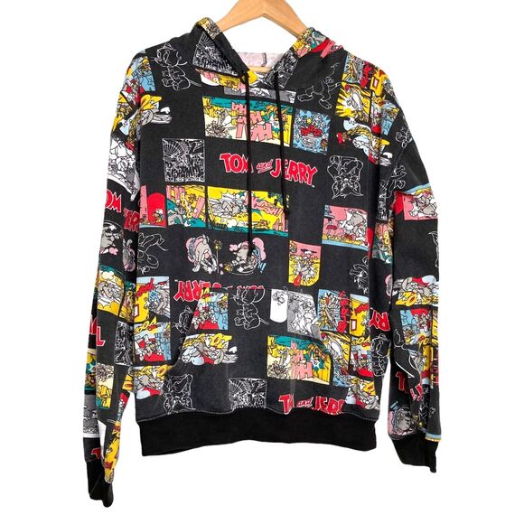 Tom And Jerry Graphic Print Comic All Over Black Pullover Hoodie Size Large L - Picture 1 of 12